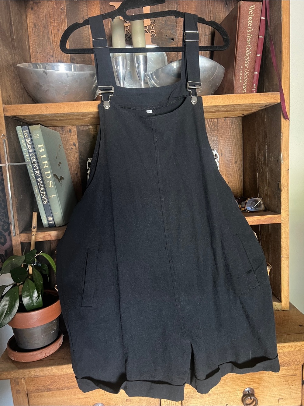 Black linen blend Women's Shortalls Overalls - Casual Adjustable-Strap Romper